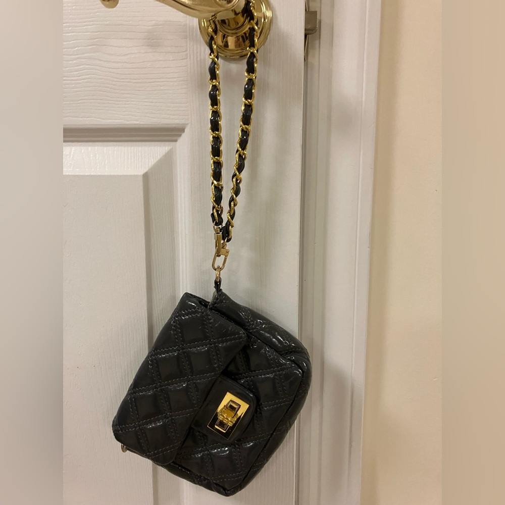 Grey quilted patent leather wristlet